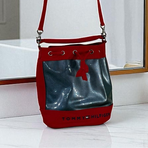 Vintage Tommy Hilfiger Bucket Bag Purse Red Canvas Drawstring Handbag Y2K - Picture 1 of 9